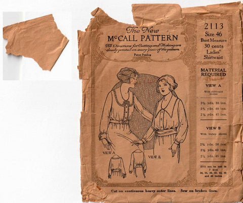 1920's Shirtwaist, Original McCall 2113, 46" bust