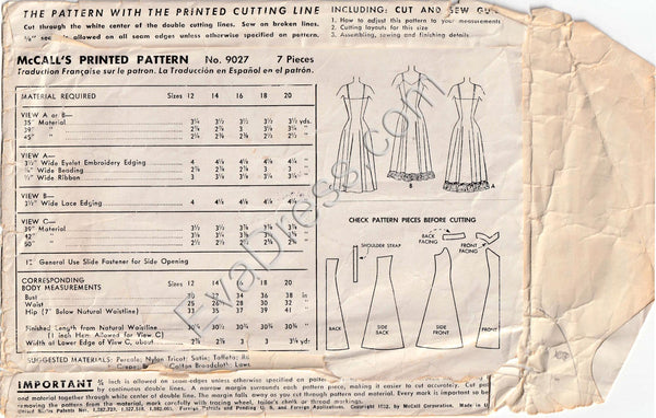 1952 Misses' Princess Slip, Original McCall's 9027 34" bust