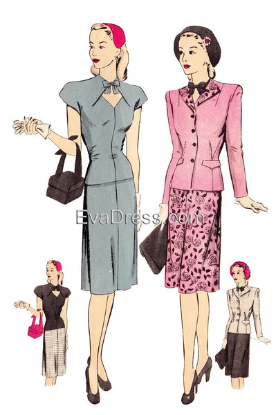 E-PATTERN, 1940's Two-Piece Dress & Blouse E1519