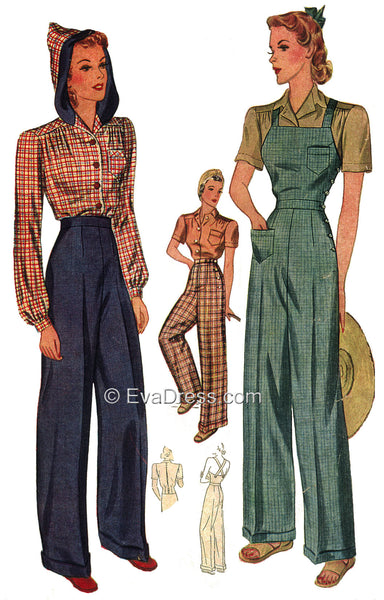 E-PATTERN 1940 Hooded Blouse, Wide Leg Trousers and Overalls E3322