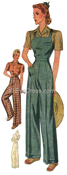 E-PATTERN 1940 Hooded Blouse, Wide Leg Trousers and Overalls E3322