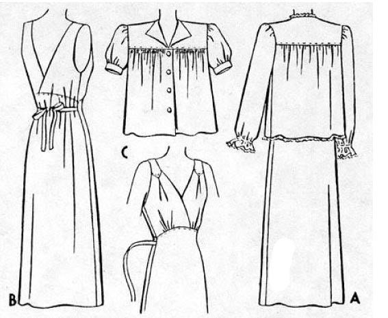 Line drawing of 1943 Night Gown & Bed Jacket NL40-5441 
