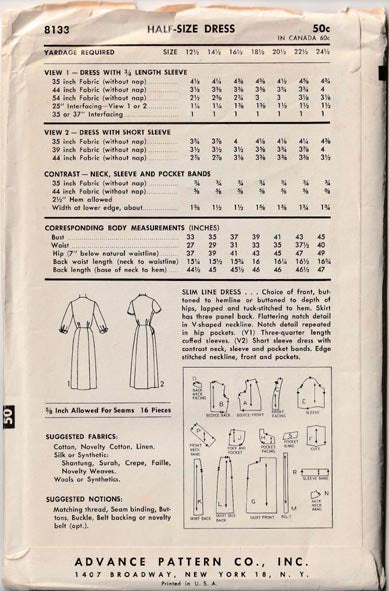 1950's, Slim-Line Dress in Factory Folds! Original Advance 8133 size 41” bust
