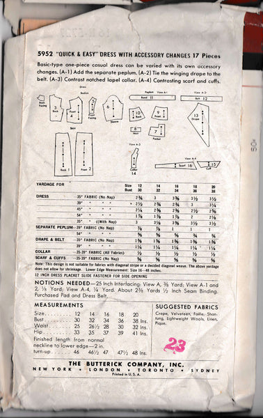 1951 Quick & Easy Dress with Accessory Changes, Original Butterick 5952 34" bust