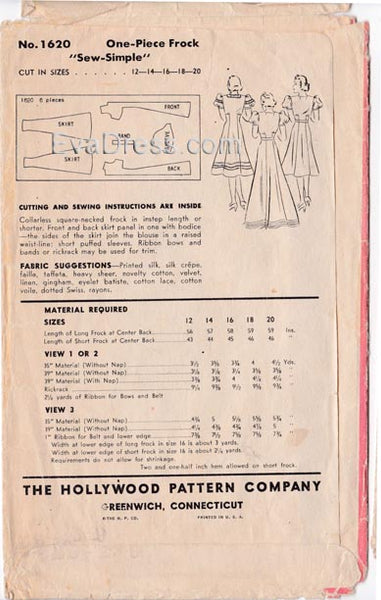 1939 One-Piece Frock, Original Hollywood 1620, 34" bust