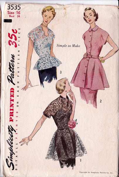 1951 Tunic Blouses, Original Simplicity 3535, FACTORY FOLDS! 34" bust